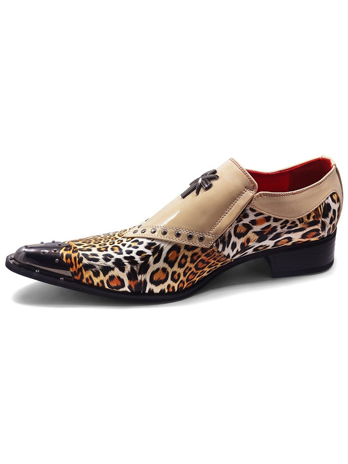 BEIGE PATENT LEOPARD PRINT LOAFER METAL TOE CAP