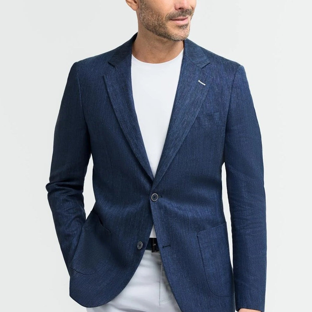 House of Cavani – Luigi Unstructured Herringbone Linen Blazer Navy CAVANI