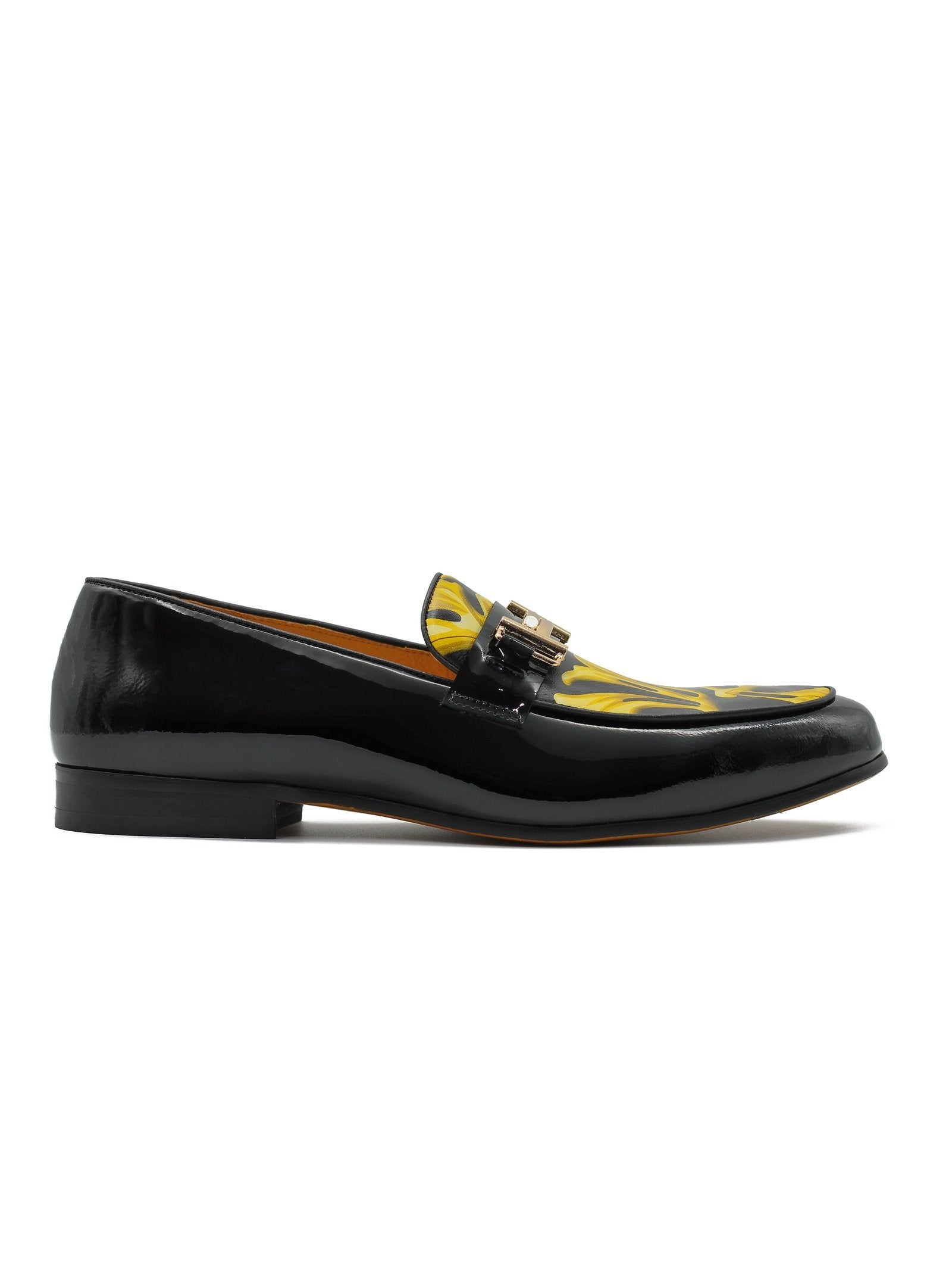 BLACK SHINY GOLD BUCKLE LEATHER LOAFERS
