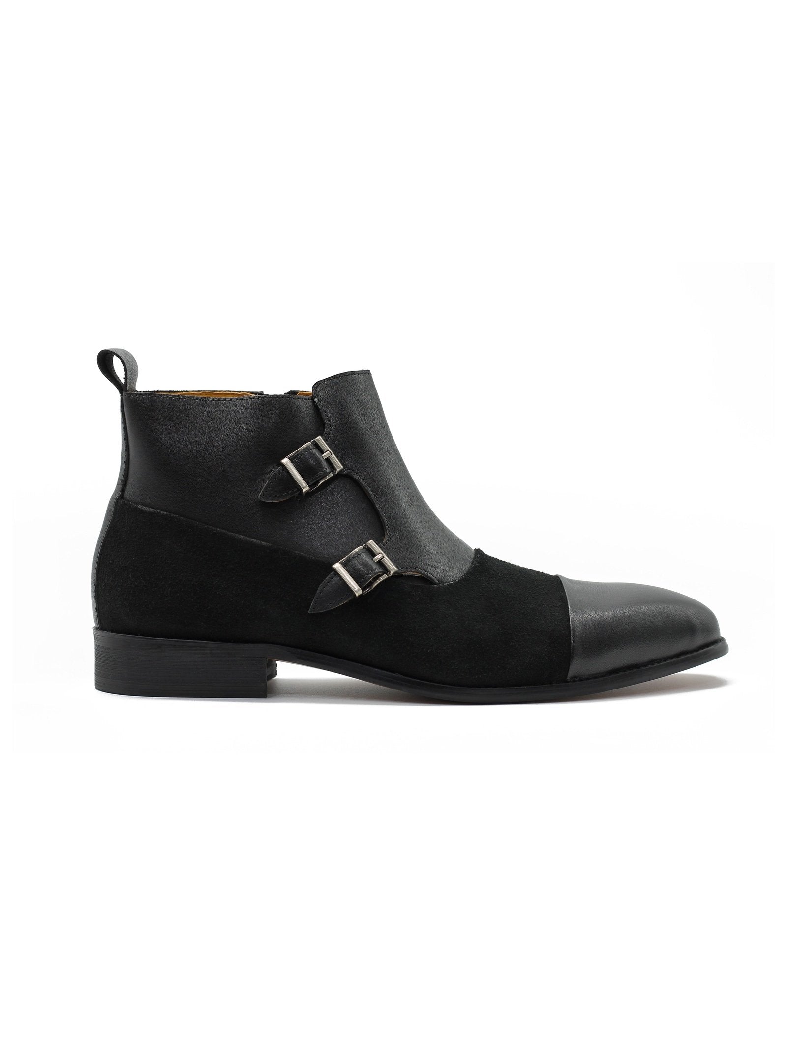 BLACK DOUBLE MONK LEATHER & SUEDE CHELSEA BOOTS
