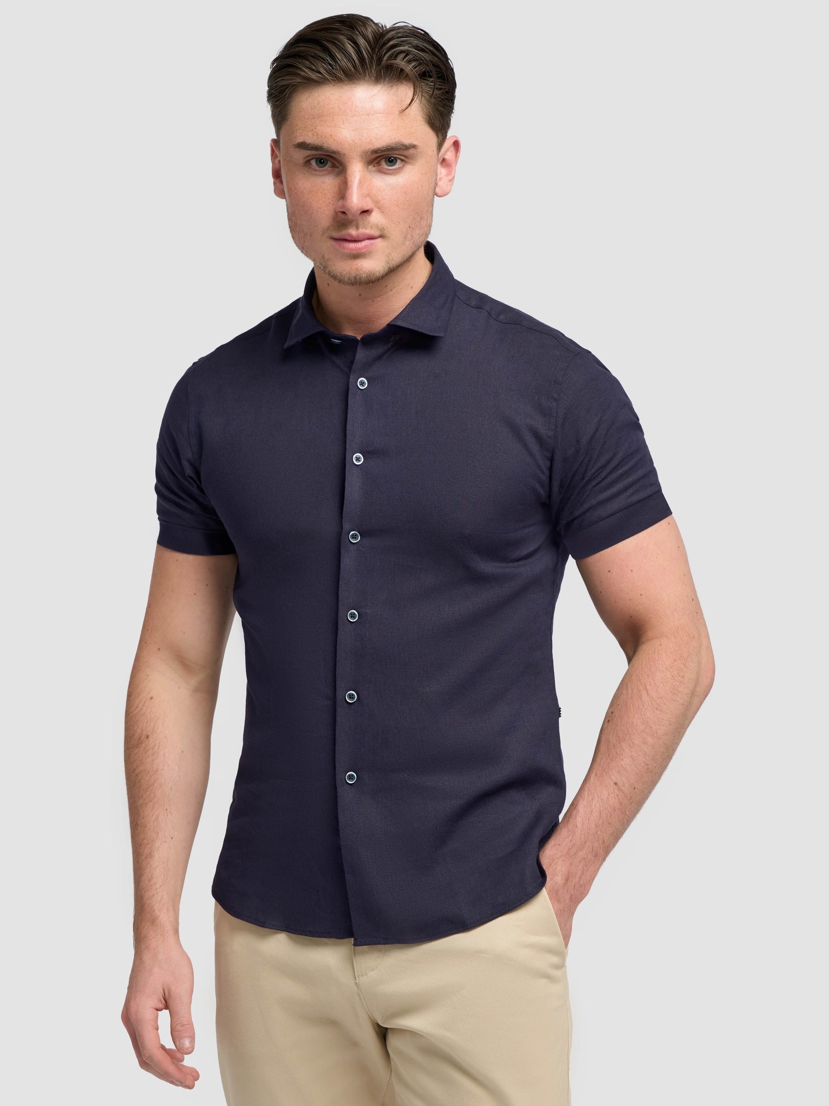 Short Sleeve Linen Blend Shirt Navy - Matera CAVANI