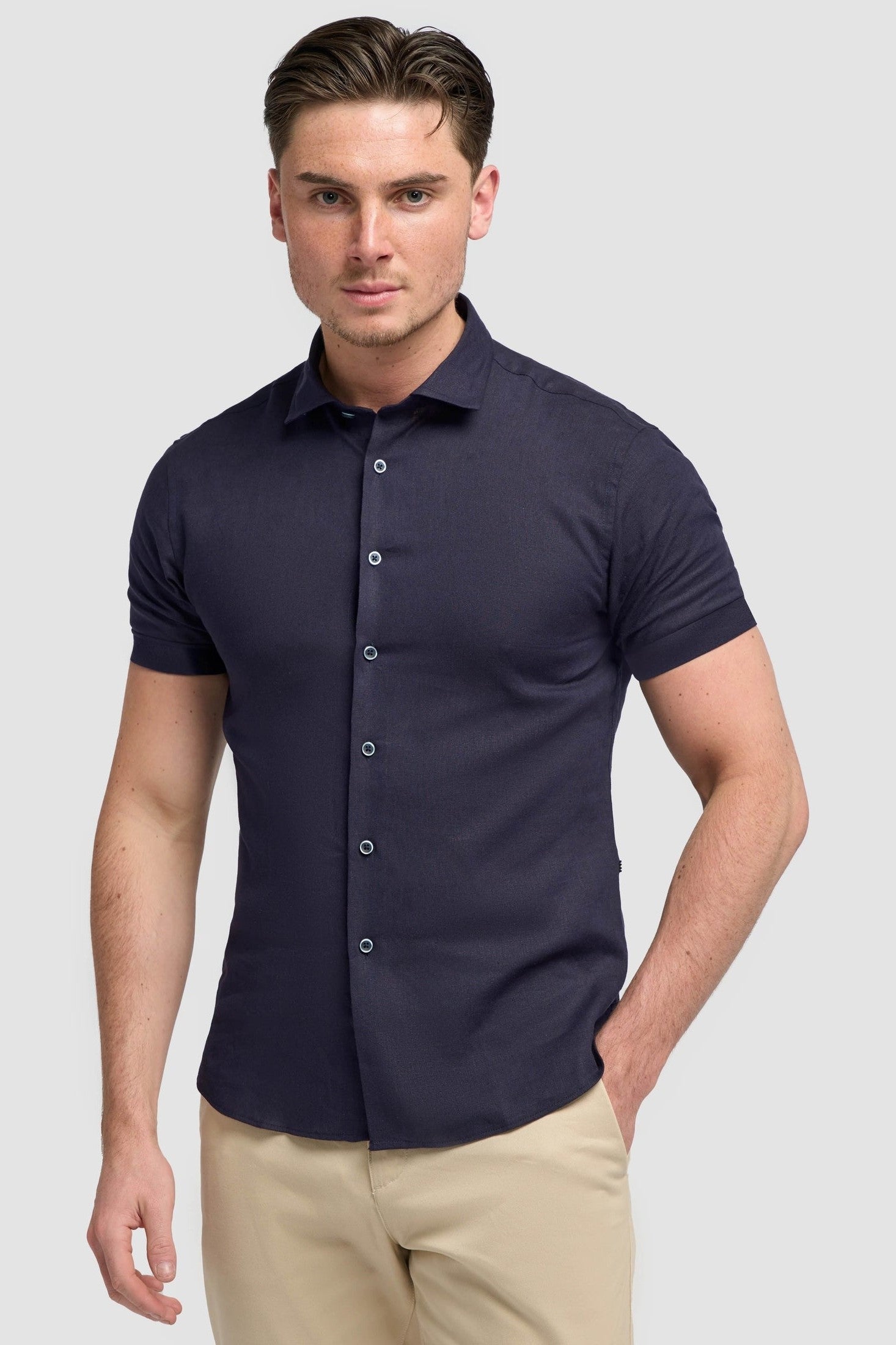 Short Sleeve Linen Blend Shirt Navy - Matera CAVANI