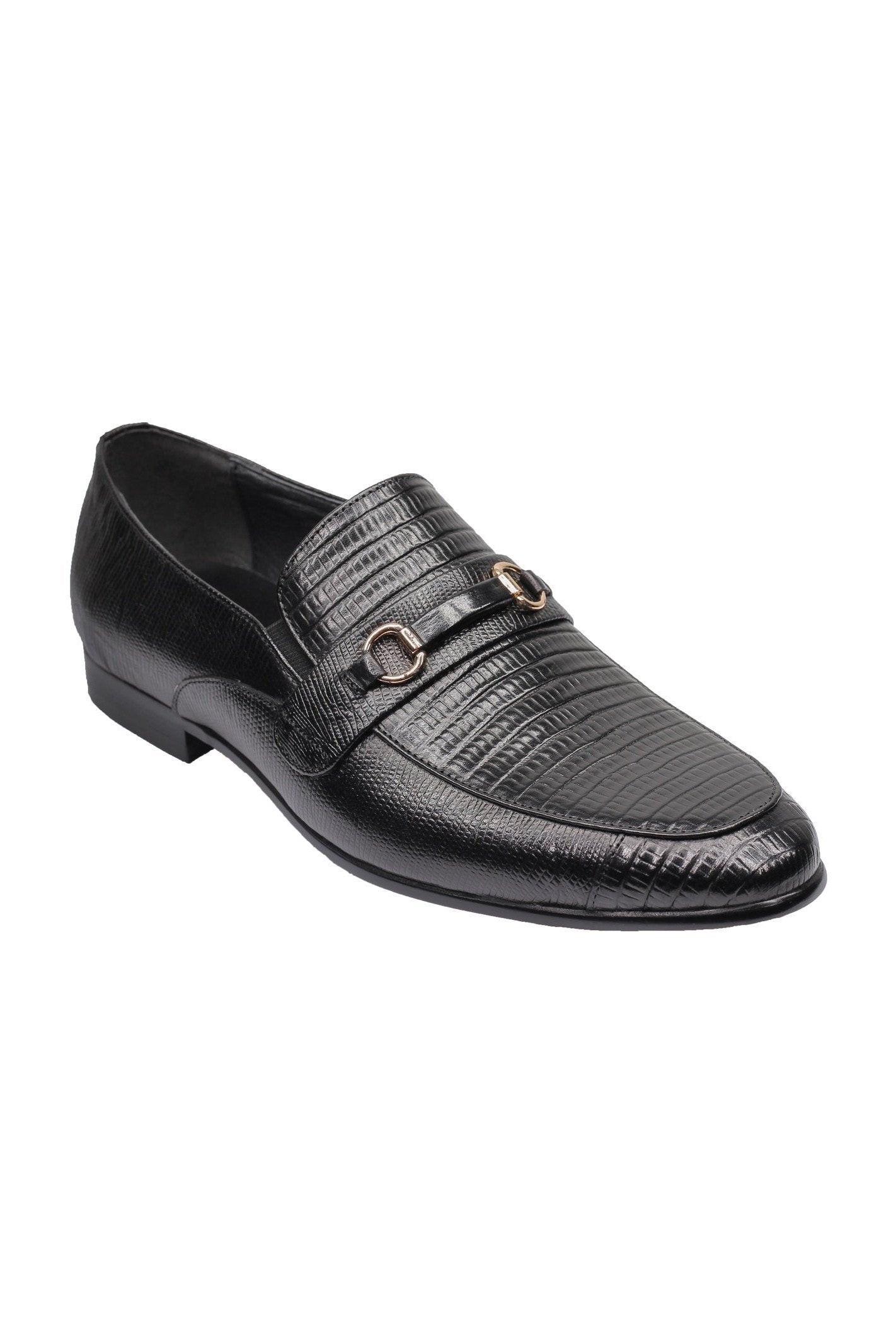 REAL LEATHER BLACK PRINTED SHOES WITH BUCKLE