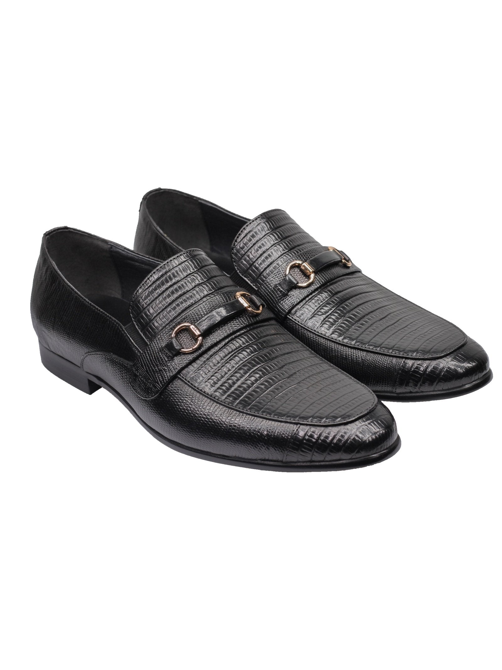REAL LEATHER BLACK PRINTED SHOES WITH BUCKLE