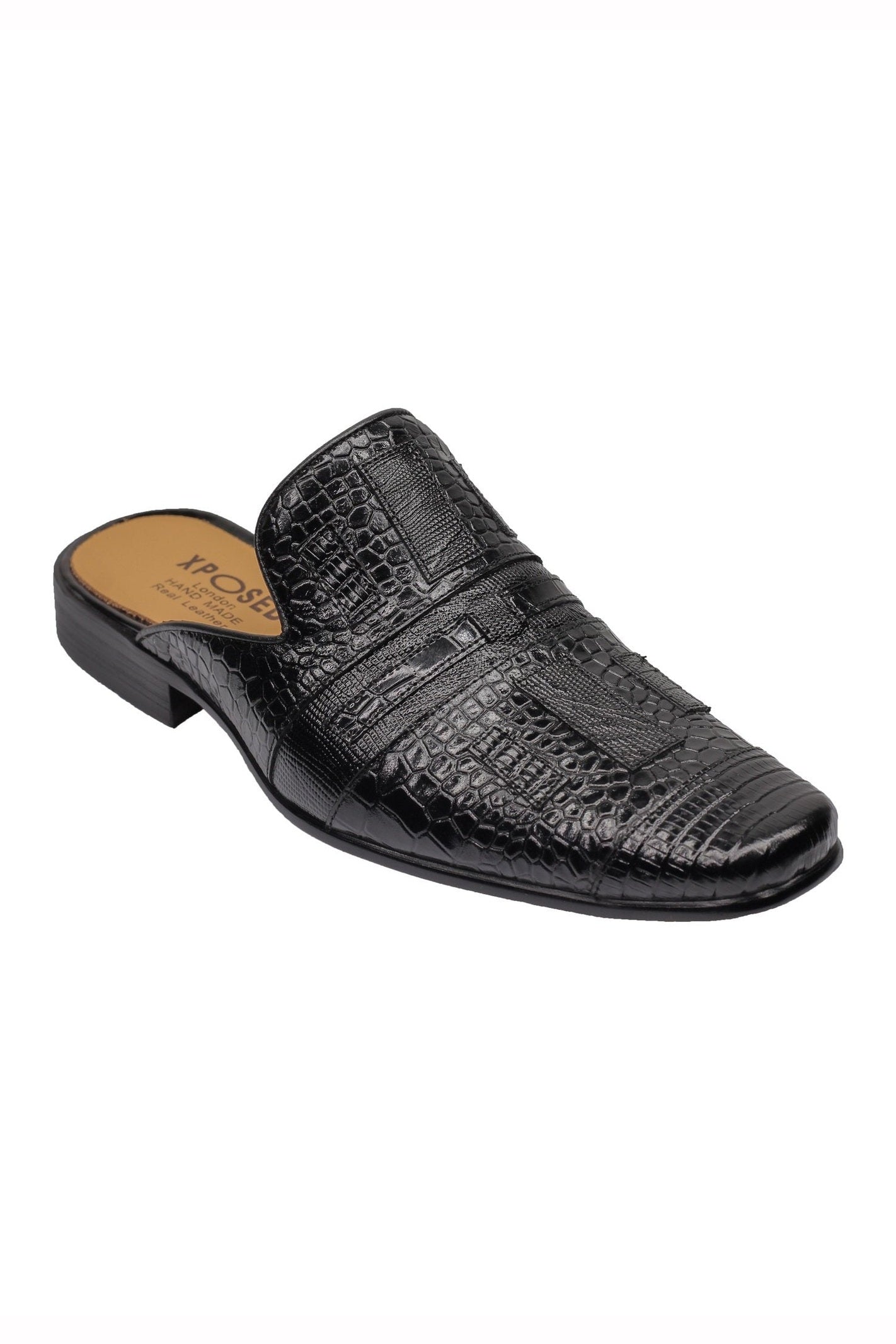 REAL LEATHER BLACK PRINTED HALF SHOES