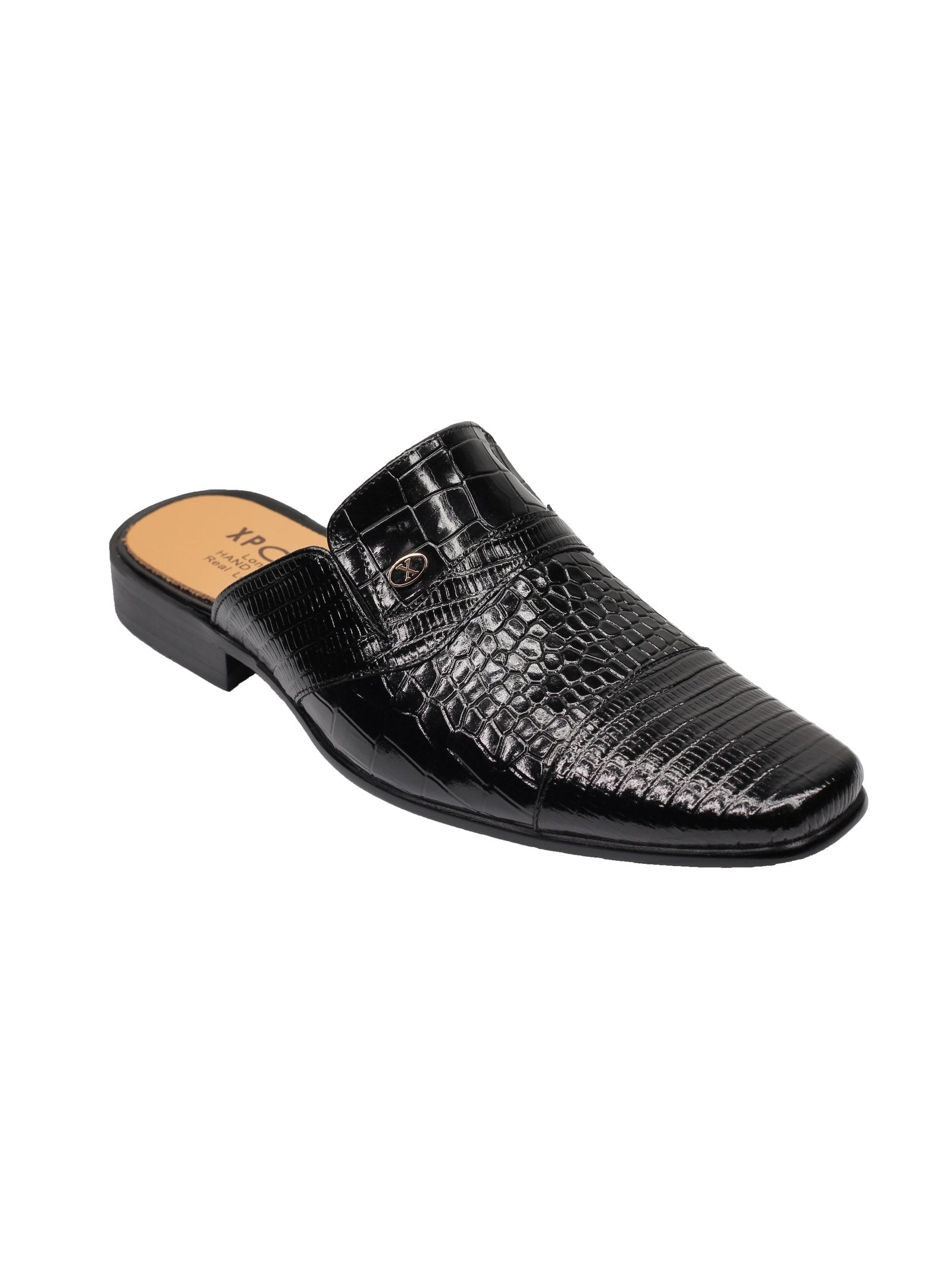 REAL LEATHER BLACK PRINTED HALF SHOE