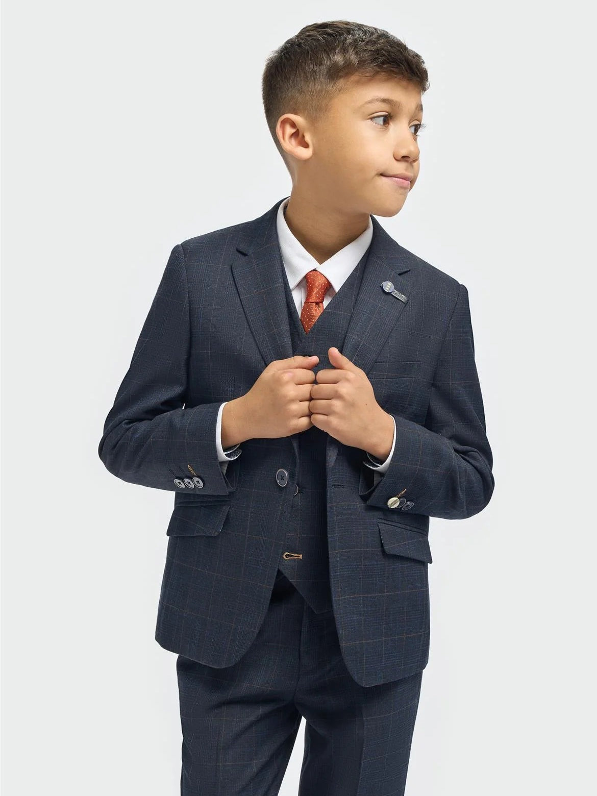 House of Cavani – Boys Navy Blue 3 Piece Suit Windowpane Check Torini CAVANI