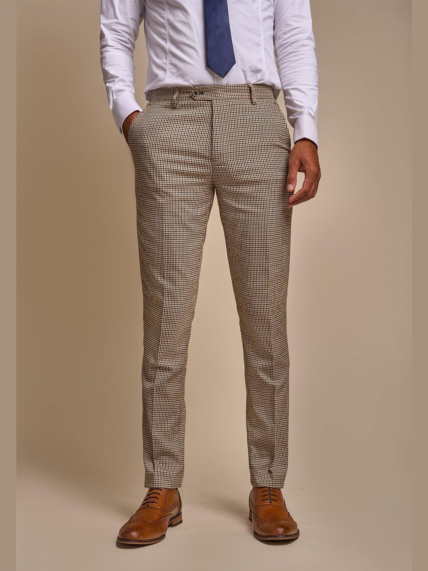 MENS ELWOOD HOUNDSTOOTH TAN THREE PIECE SUIT CAVANI