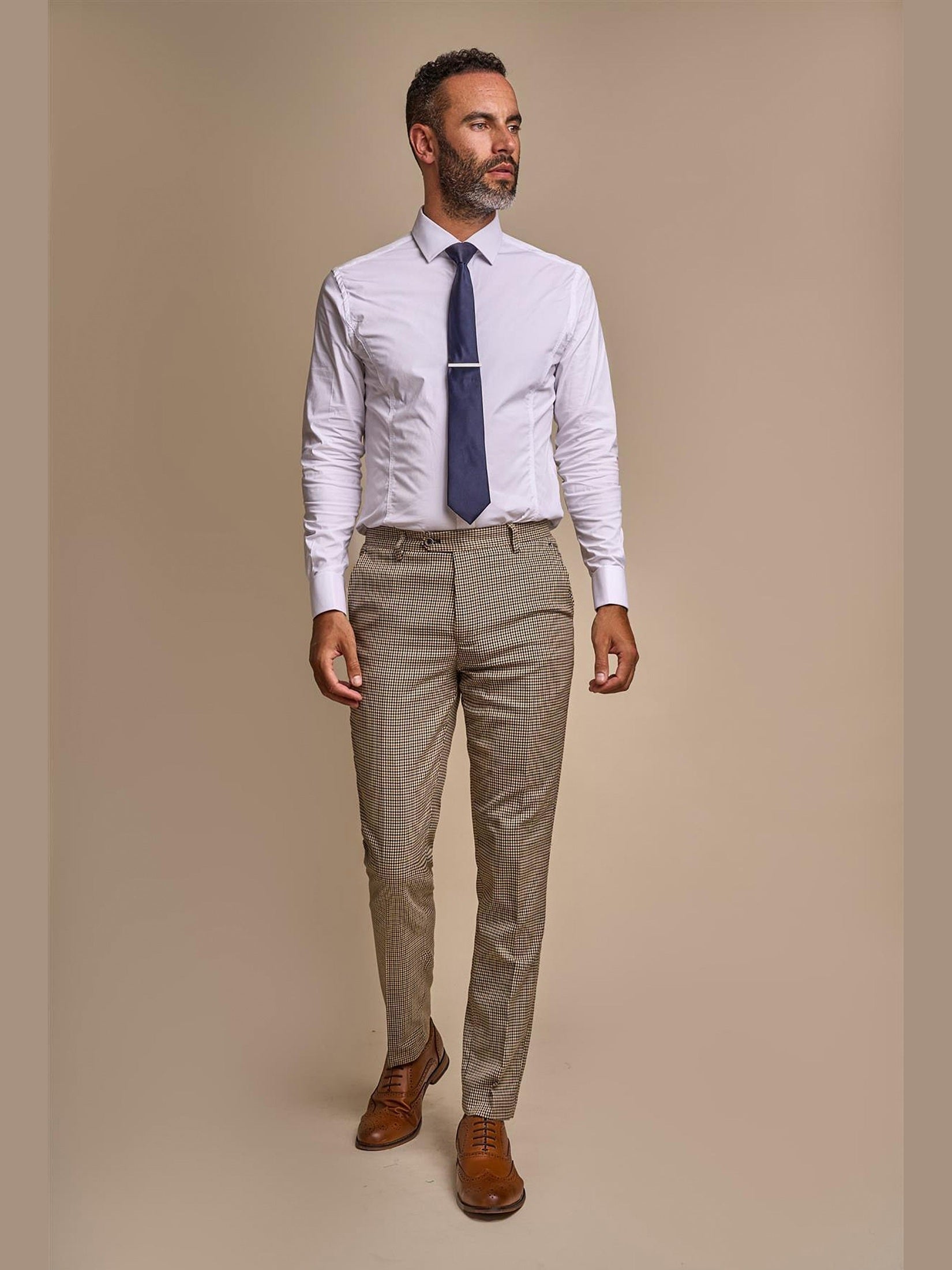 MENS ELWOOD HOUNDSTOOTH TAN THREE PIECE SUIT CAVANI