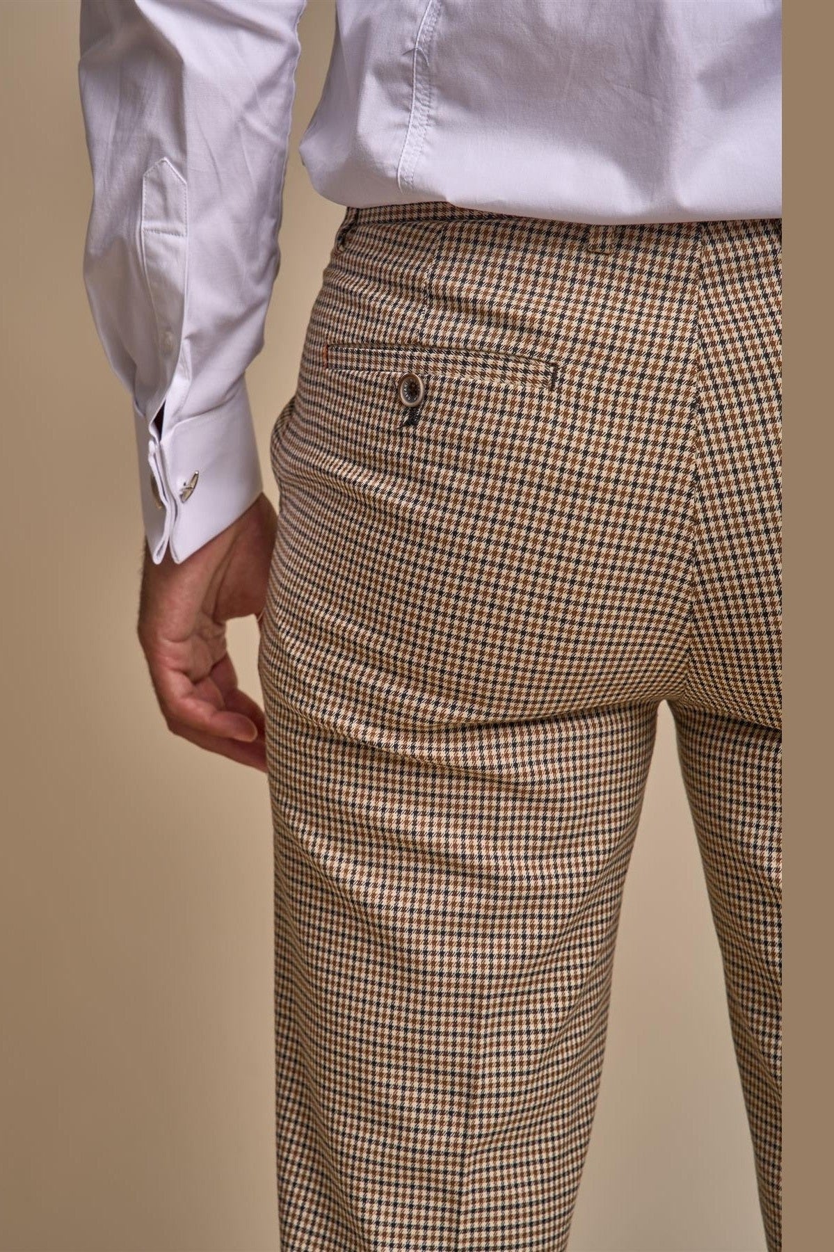 MENS ELWOOD HOUNDSTOOTH TAN THREE PIECE SUIT CAVANI