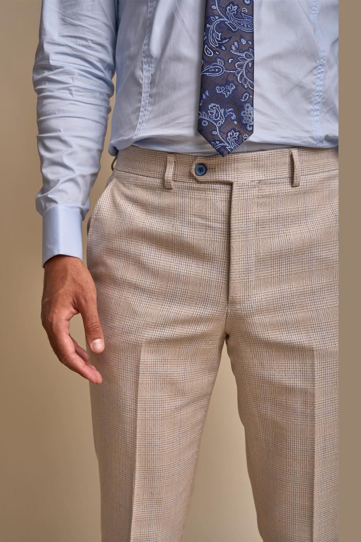 MENS CARIDI BEIGE TAILORED FIT THREE PIECE SUIT CAVANI