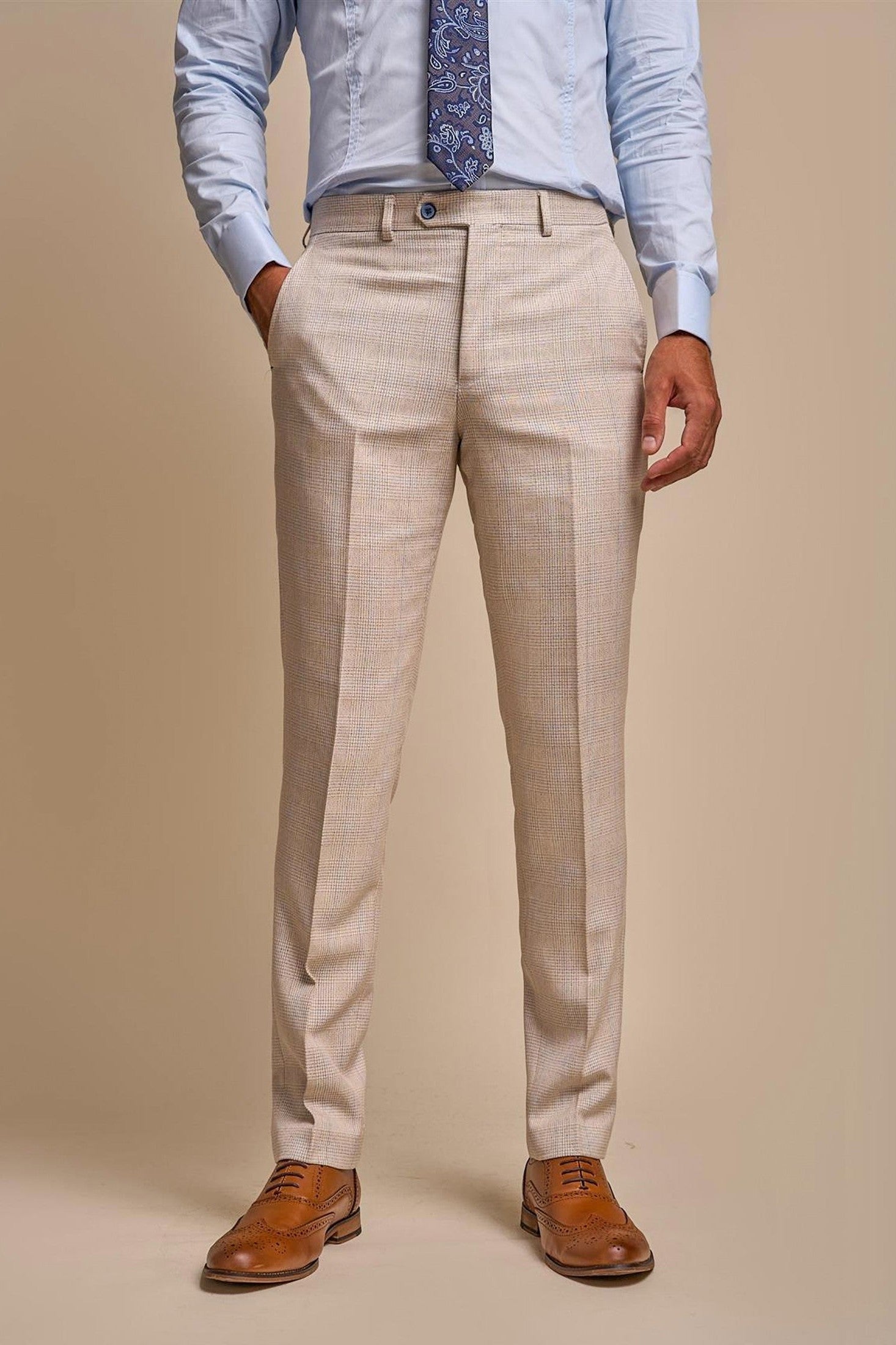 MENS CARIDI BEIGE TAILORED FIT THREE PIECE SUIT CAVANI