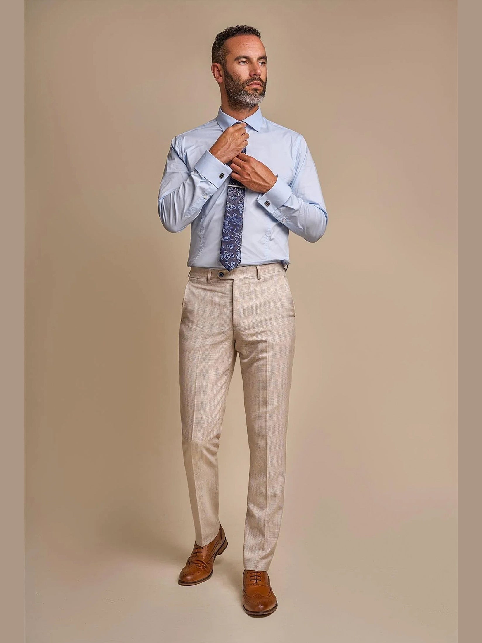 MENS CARIDI BEIGE TAILORED FIT THREE PIECE SUIT CAVANI