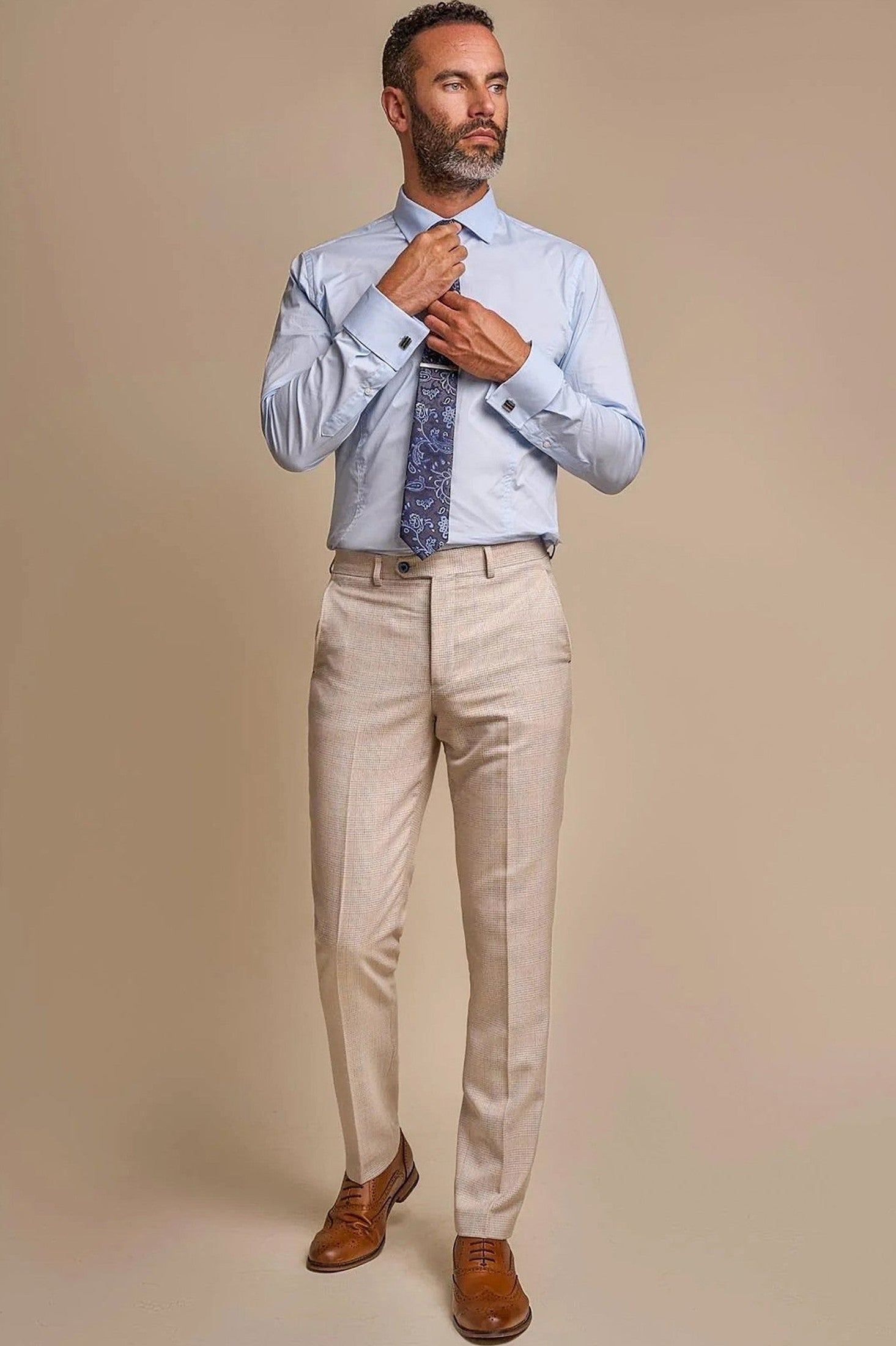 MENS CARIDI BEIGE TAILORED FIT THREE PIECE SUIT CAVANI