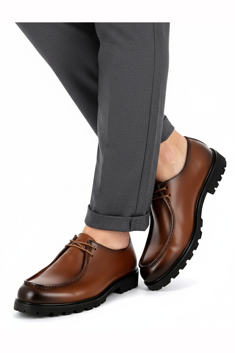 Tan Faux Leather Moc Toe Derby Shoes Classic Lace-Up