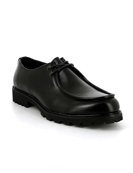 Black Faux Leather Moc Toe Derby Shoes Classic Lace-Up