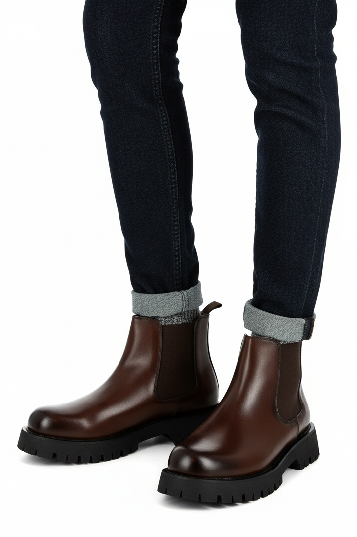 Brown Faux Leather Chelsea Boots Chunky Cleated Sole