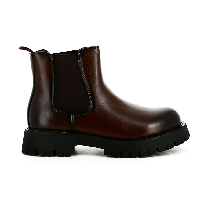 Brown Faux Leather Chelsea Boots Chunky Cleated Sole