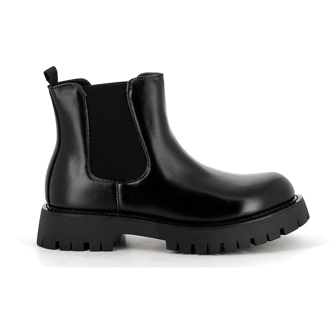 Black Faux Leather Chelsea Boots Chunky Cleated Sole