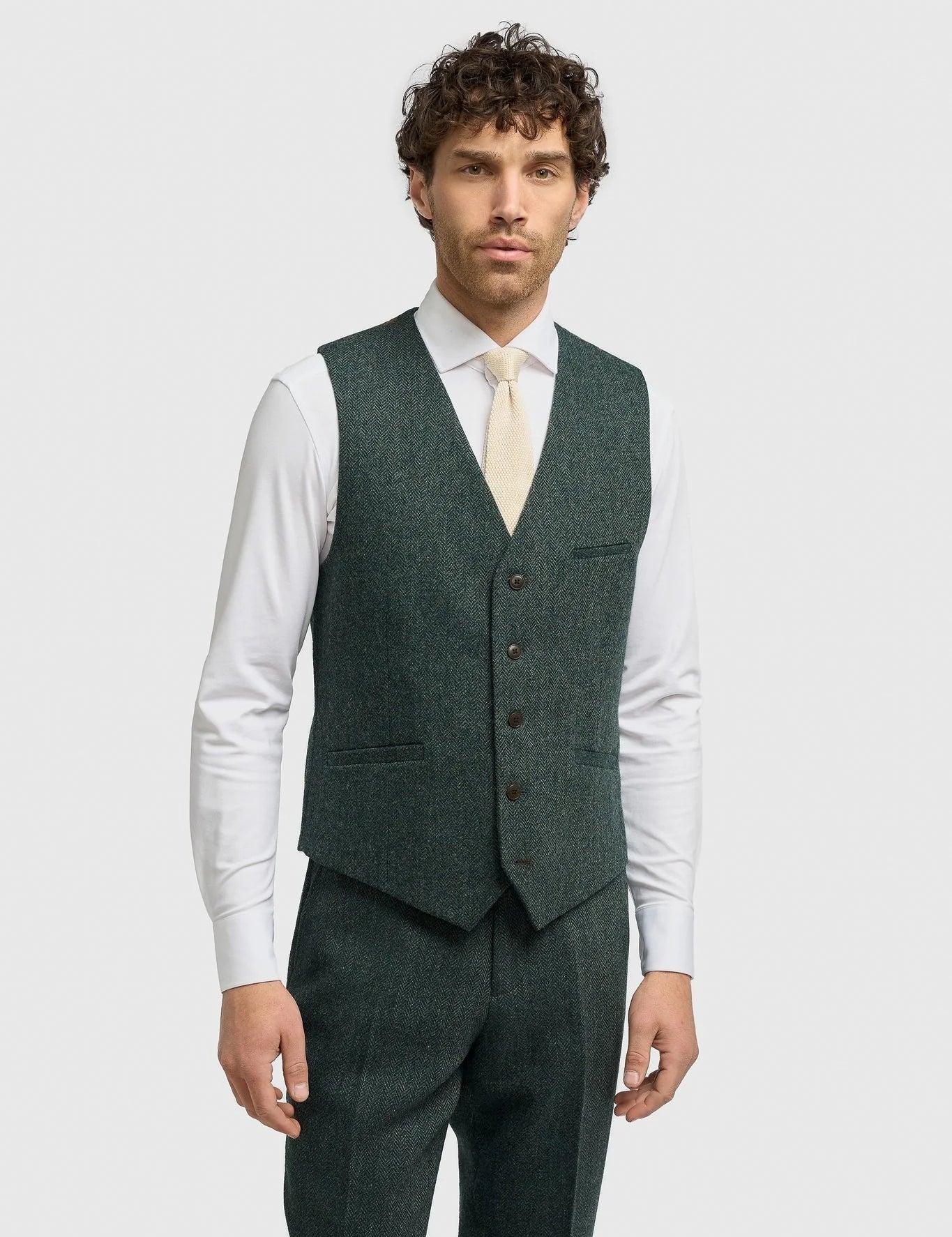 CAVANI – Thomas Olive Green Herringbone Waistcoat