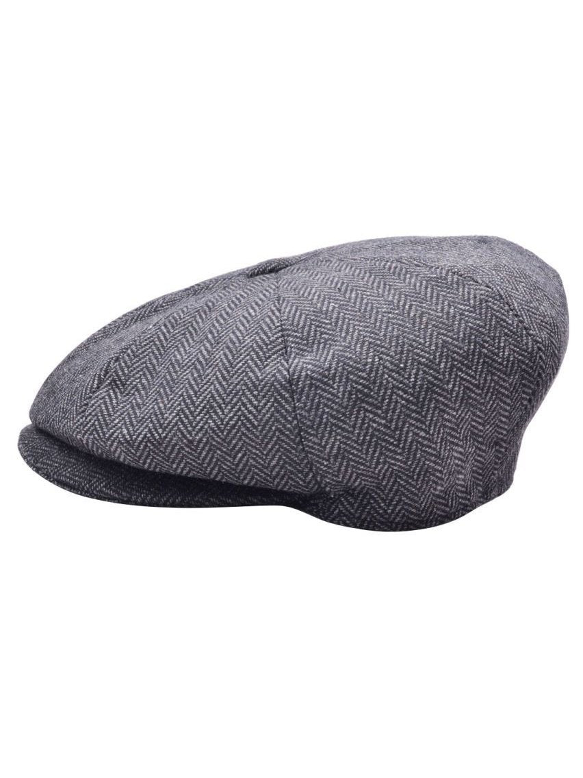 GREY WOOL HERRINGBONE NEWSBOY FLAT CAP