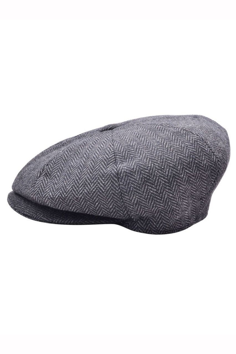 GREY WOOL HERRINGBONE NEWSBOY FLAT CAP