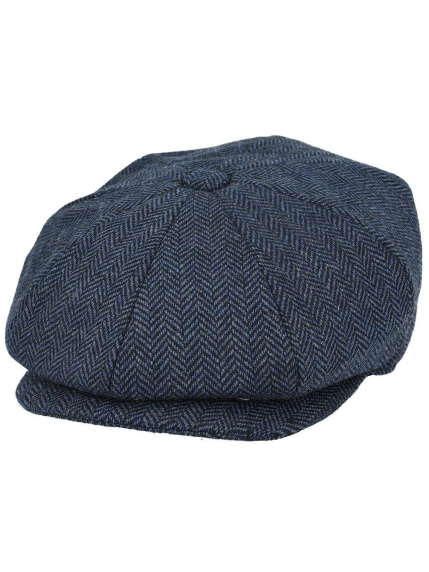 NAVY WOOL HERRINGBONE NEWSBOY FLAT CAP