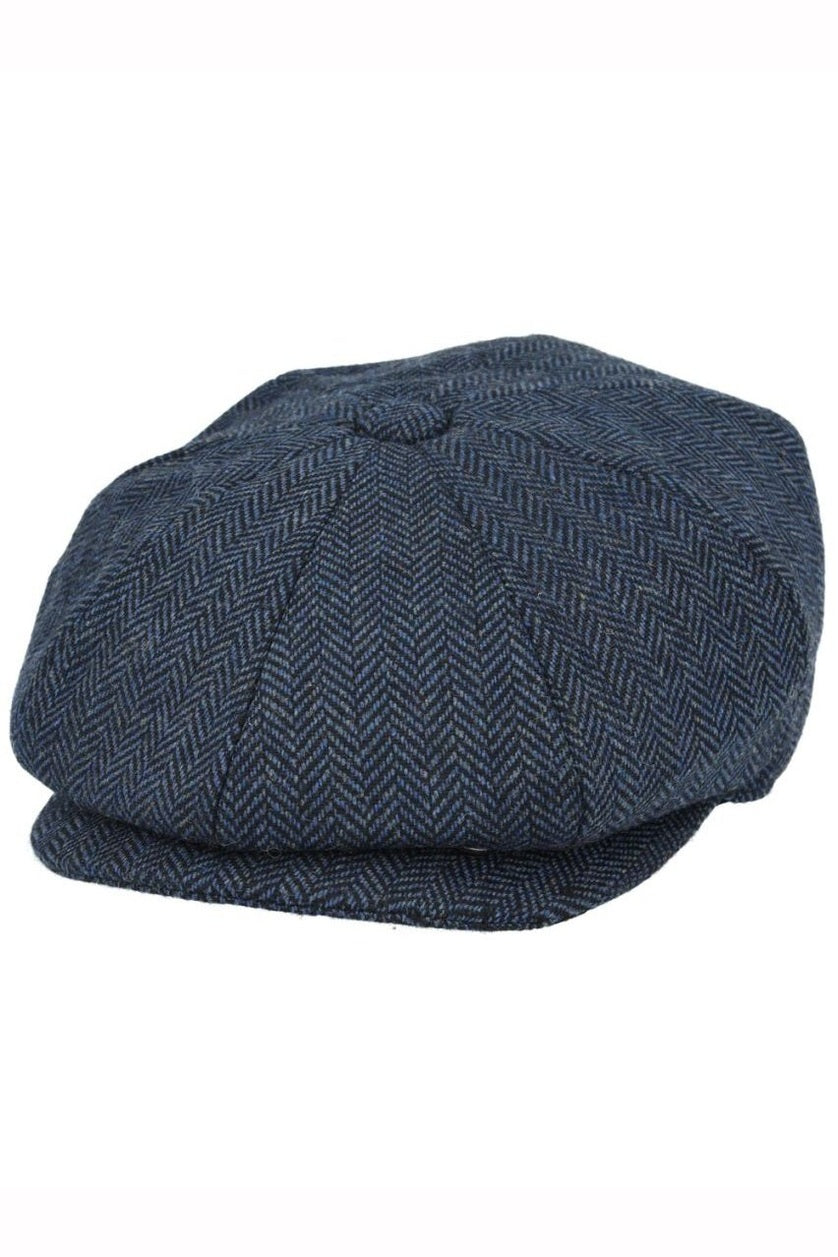NAVY WOOL HERRINGBONE NEWSBOY FLAT CAP