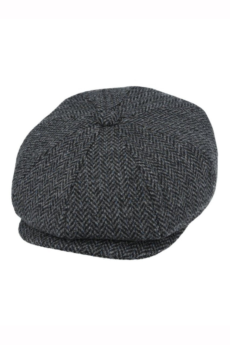 BLACK Gatsby Herringbone Wool Newsboy Flat Cap