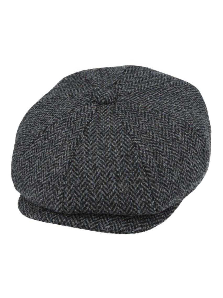 BLACK Gatsby Herringbone Wool Newsboy Flat Cap