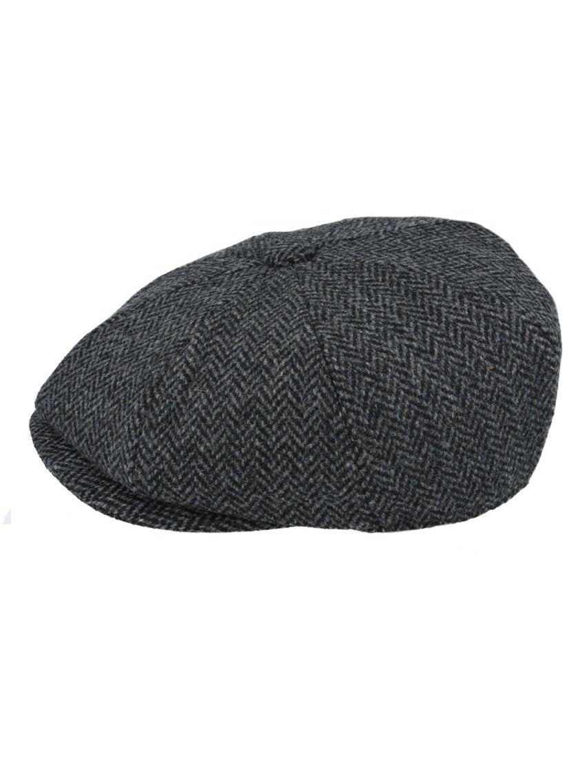 BLACK Gatsby Herringbone Wool Newsboy Flat Cap