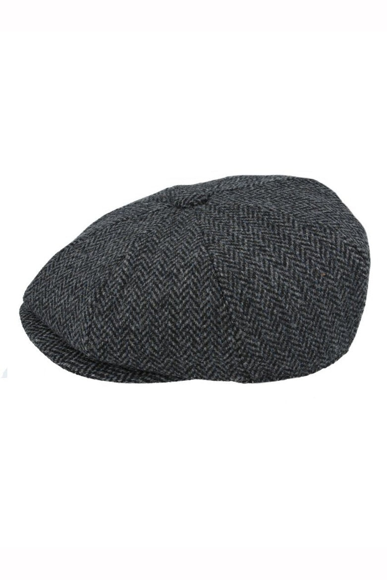 BLACK Gatsby Herringbone Wool Newsboy Flat Cap