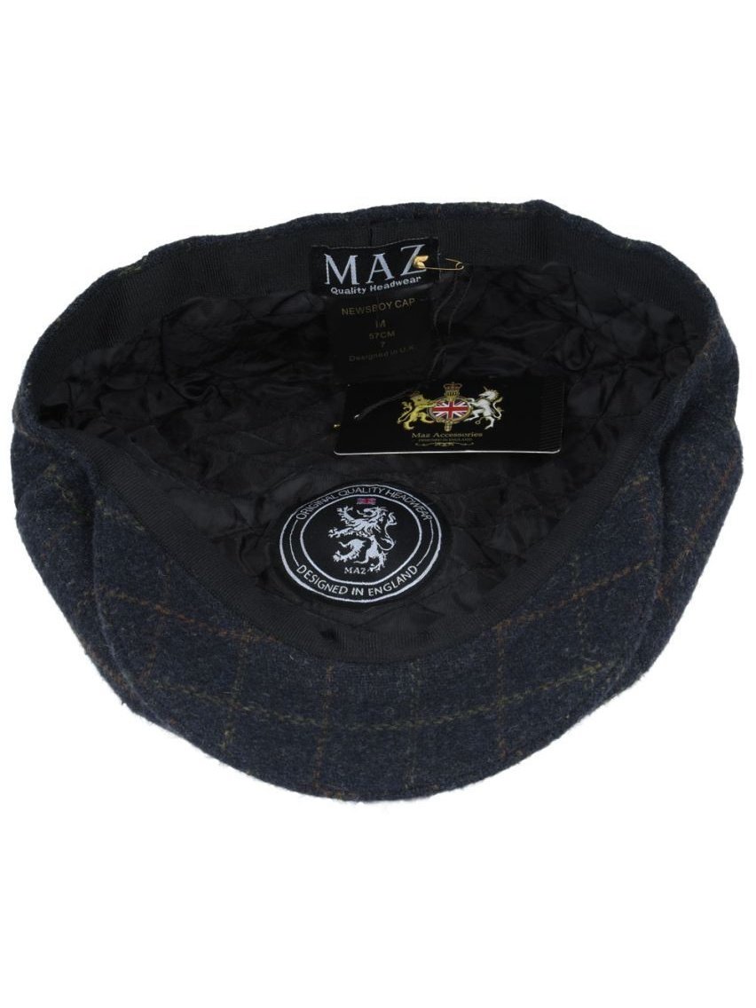 NAVY WOOL BLEND TWEED CHECK NEWSBOY CAP