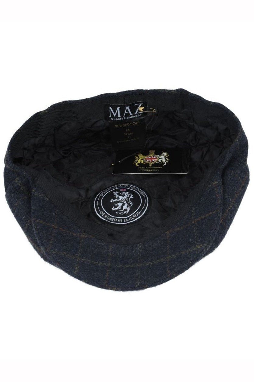 NAVY WOOL BLEND TWEED CHECK NEWSBOY CAP