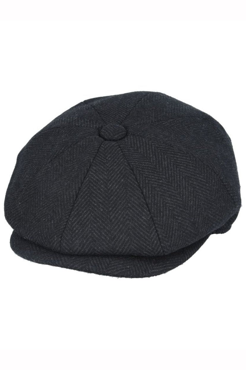BLACK HERRINGBONE WOOL BLEND NEWSBOY FLAT CAP