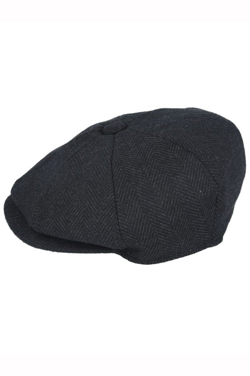BLACK HERRINGBONE WOOL BLEND NEWSBOY FLAT CAP
