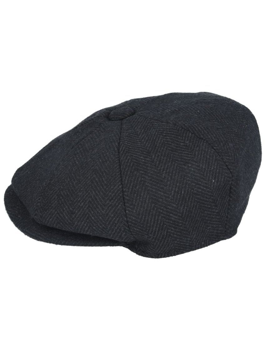 BLACK HERRINGBONE WOOL BLEND NEWSBOY FLAT CAP