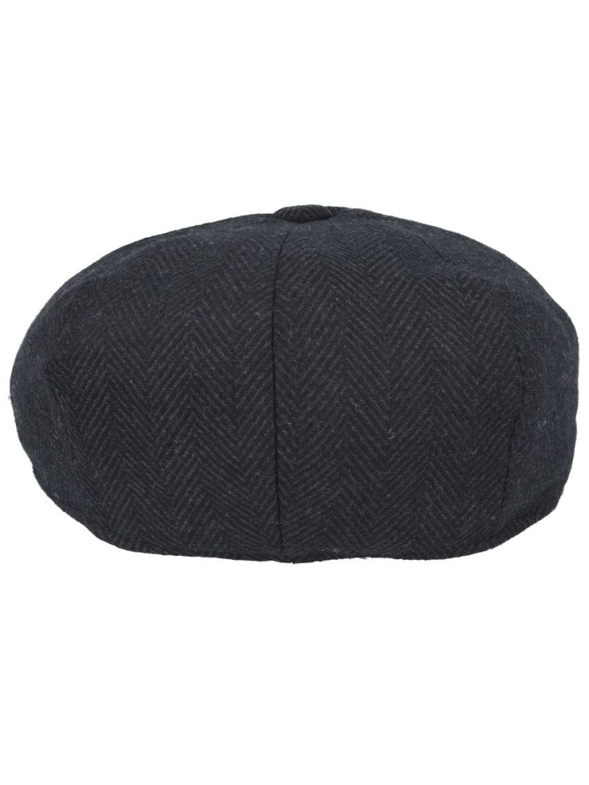 BLACK HERRINGBONE WOOL BLEND NEWSBOY FLAT CAP