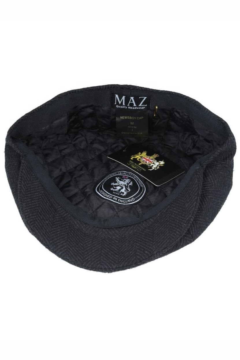 BLACK HERRINGBONE WOOL BLEND NEWSBOY FLAT CAP