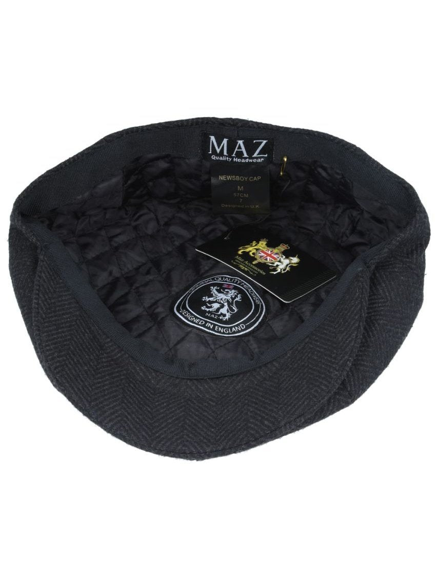 BLACK HERRINGBONE WOOL BLEND NEWSBOY FLAT CAP