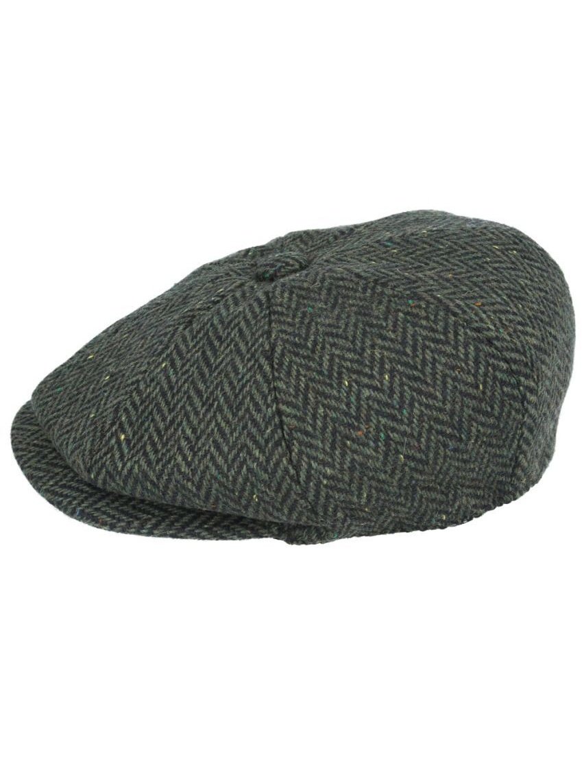 GREEN HERRINGBONE WOOL BLEND NEWSBOY FLAT CAP