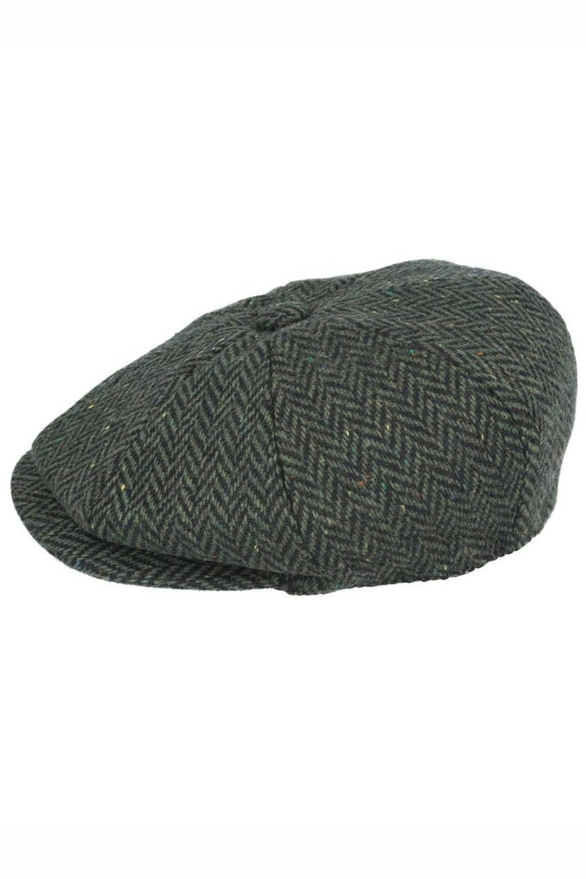 GREEN HERRINGBONE WOOL BLEND NEWSBOY FLAT CAP