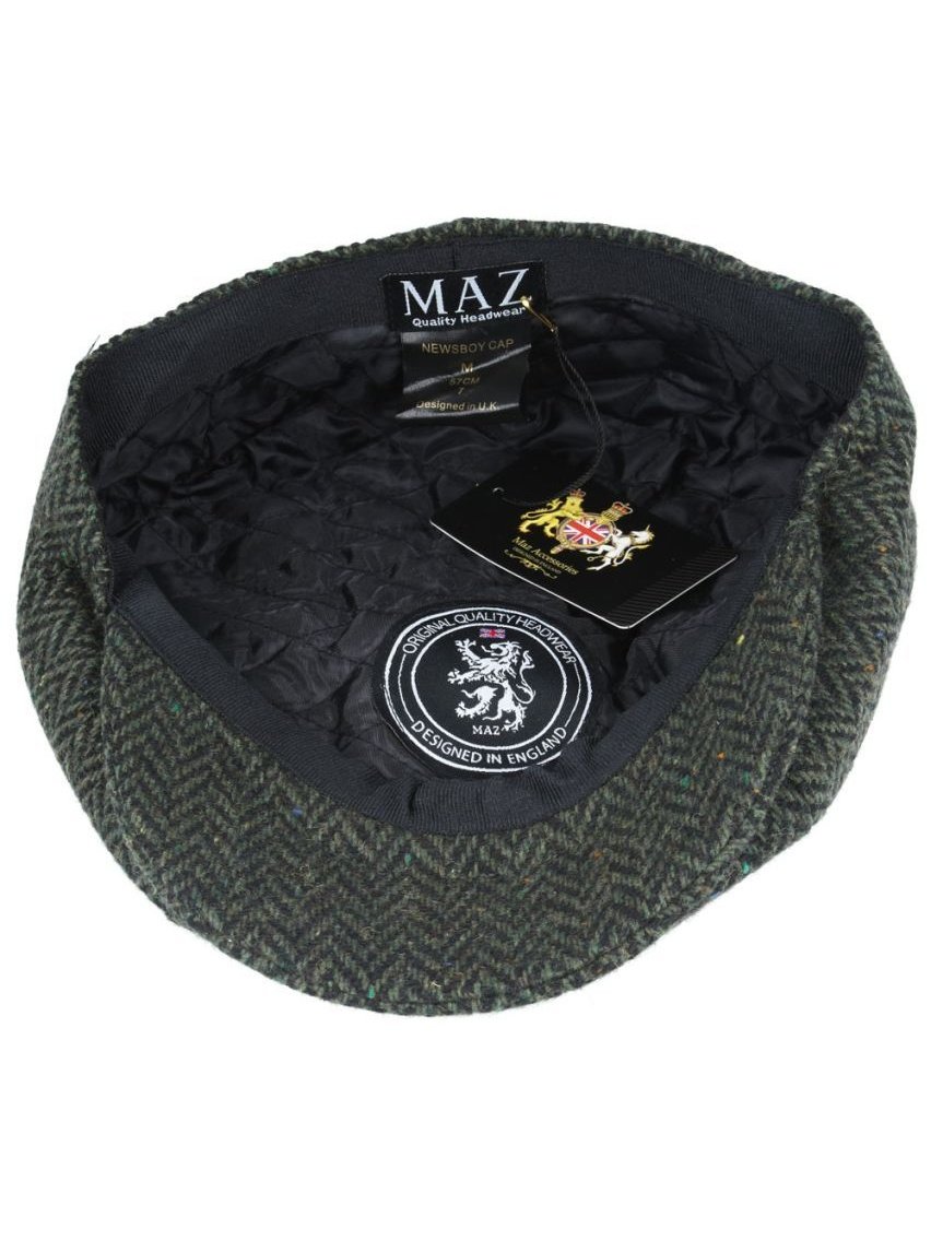 GREEN HERRINGBONE WOOL BLEND NEWSBOY FLAT CAP