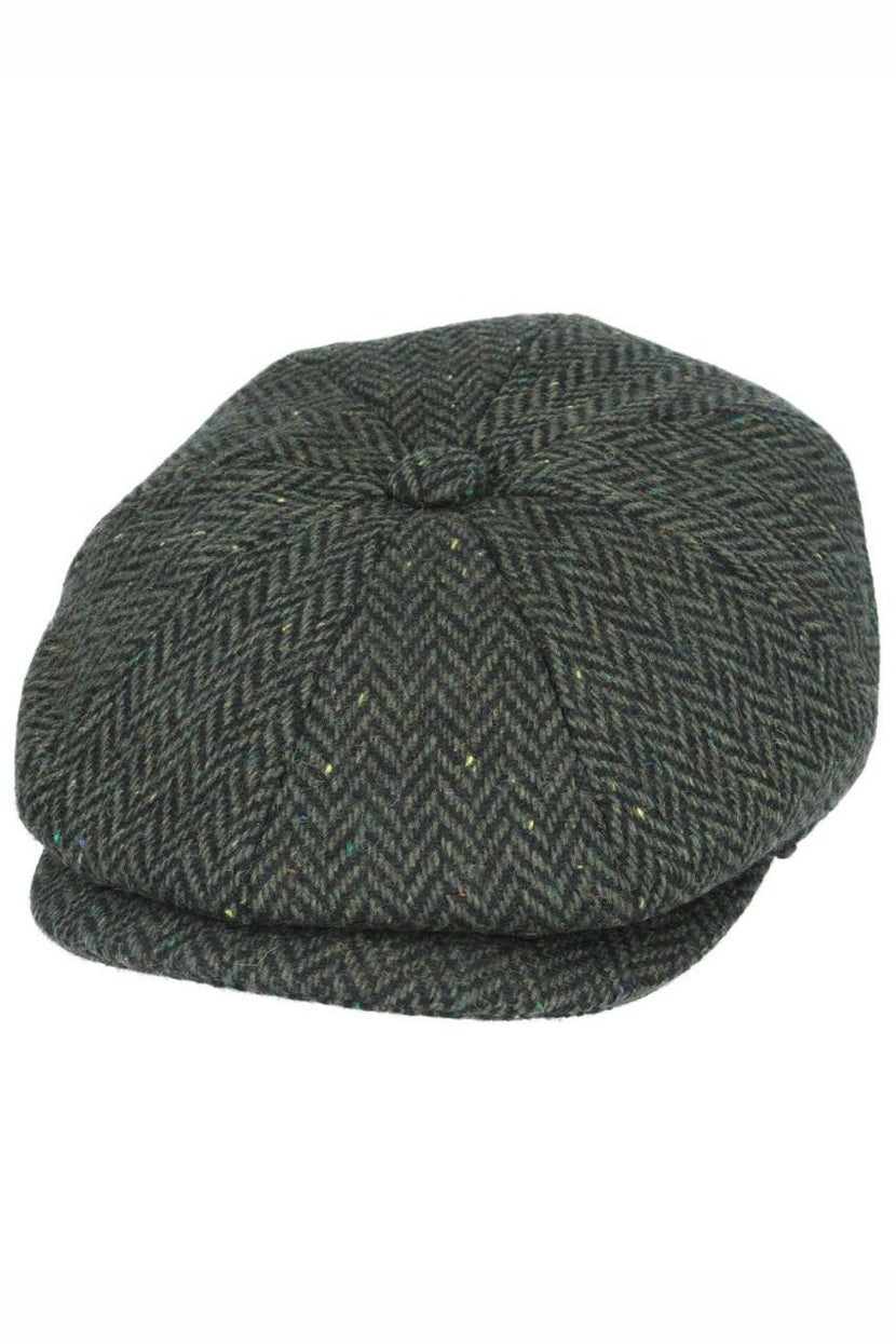 GREEN HERRINGBONE WOOL BLEND NEWSBOY FLAT CAP