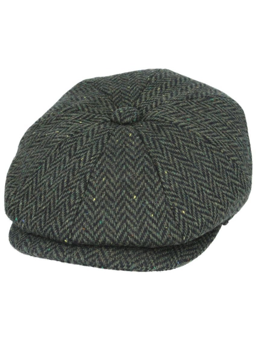 GREEN HERRINGBONE WOOL BLEND NEWSBOY FLAT CAP