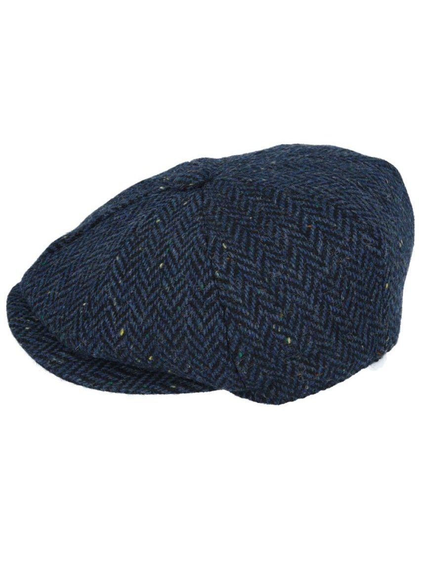 NAVY HERRINGBONE WOOL BLEND NEWSBOY FLAT CAP