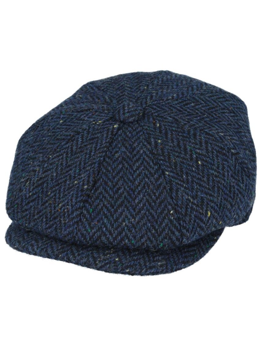 NAVY HERRINGBONE WOOL BLEND NEWSBOY FLAT CAP