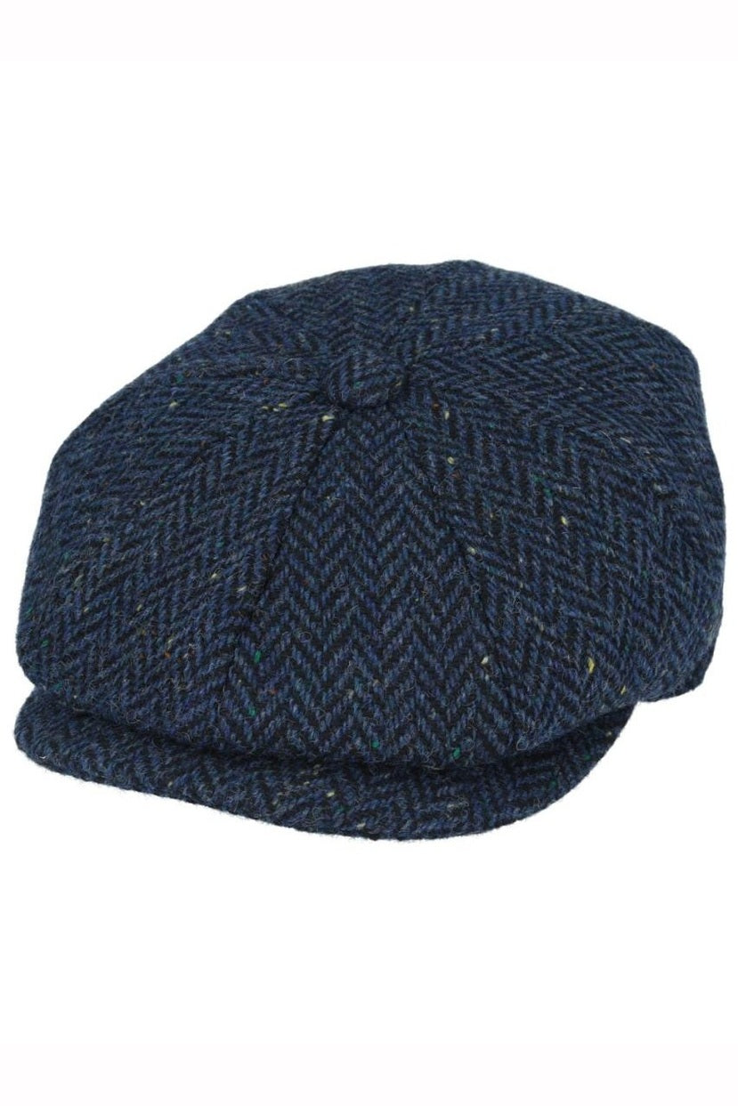 NAVY HERRINGBONE WOOL BLEND NEWSBOY FLAT CAP