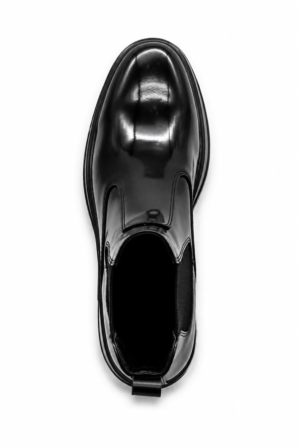 Men's Black Patent Faux Leather Retro Chelsea Boots Lug Sole Sartorial Shoes
