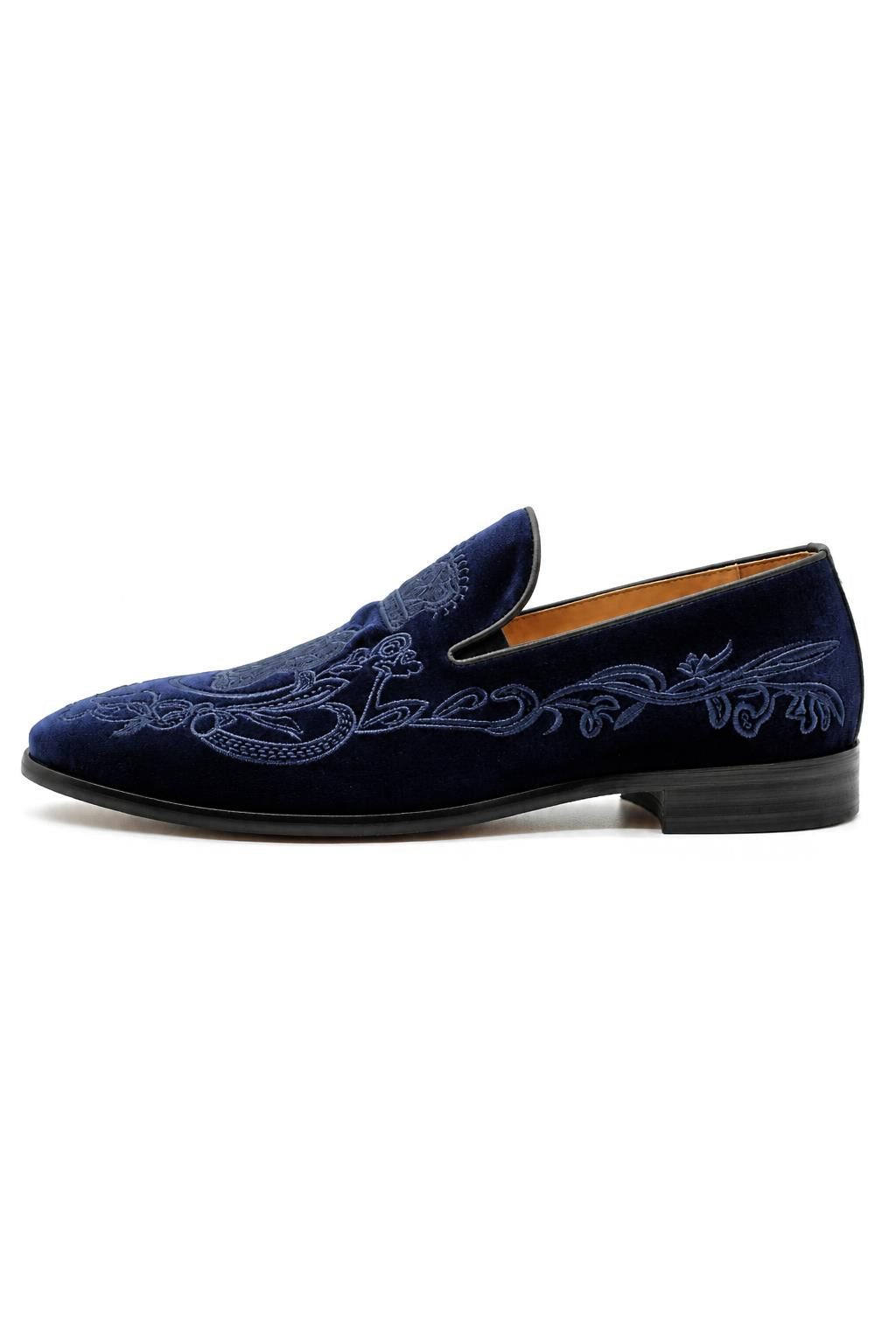 FRED Men’s Navy Blue Embroidered Velvet Party Loafers Sartorial Shoes